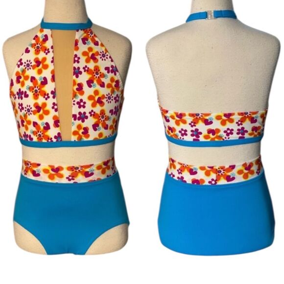 Custom dance cheer convention costume 2 piece set retro floral child LC 14 - Picture 1 of 11